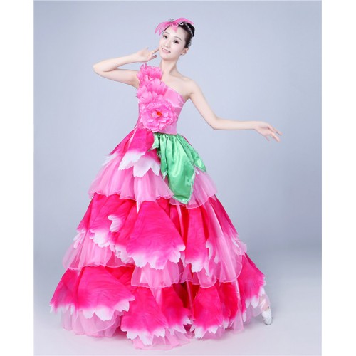 Flamenco dresses for women female petals pink ballroom Spanish folk dance stage performance competition big skirted dresses